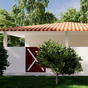 Varanda com telhado e jardim ao redor.