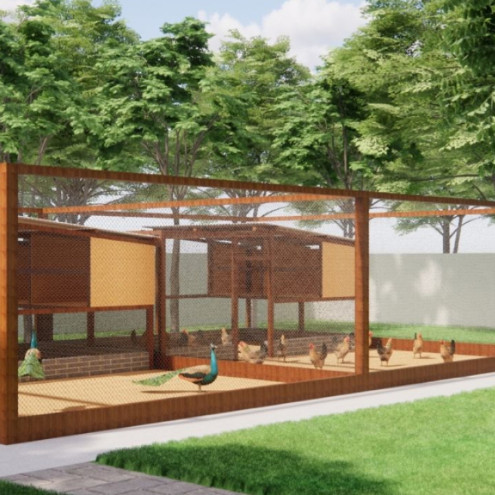 Área externa com viveiro/ambiente de natureza e animais.